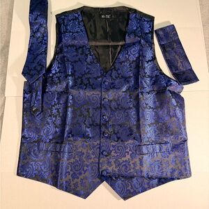 HI-TIE Men’s Paisley Vest & Tie Set Royal Blue Black Jacquard Formal Wedding